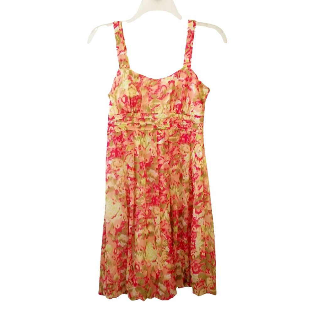 BCX Dress Junior Womens 7 Green Pink Floral Sundress Balloon Hem Shelf Bra
